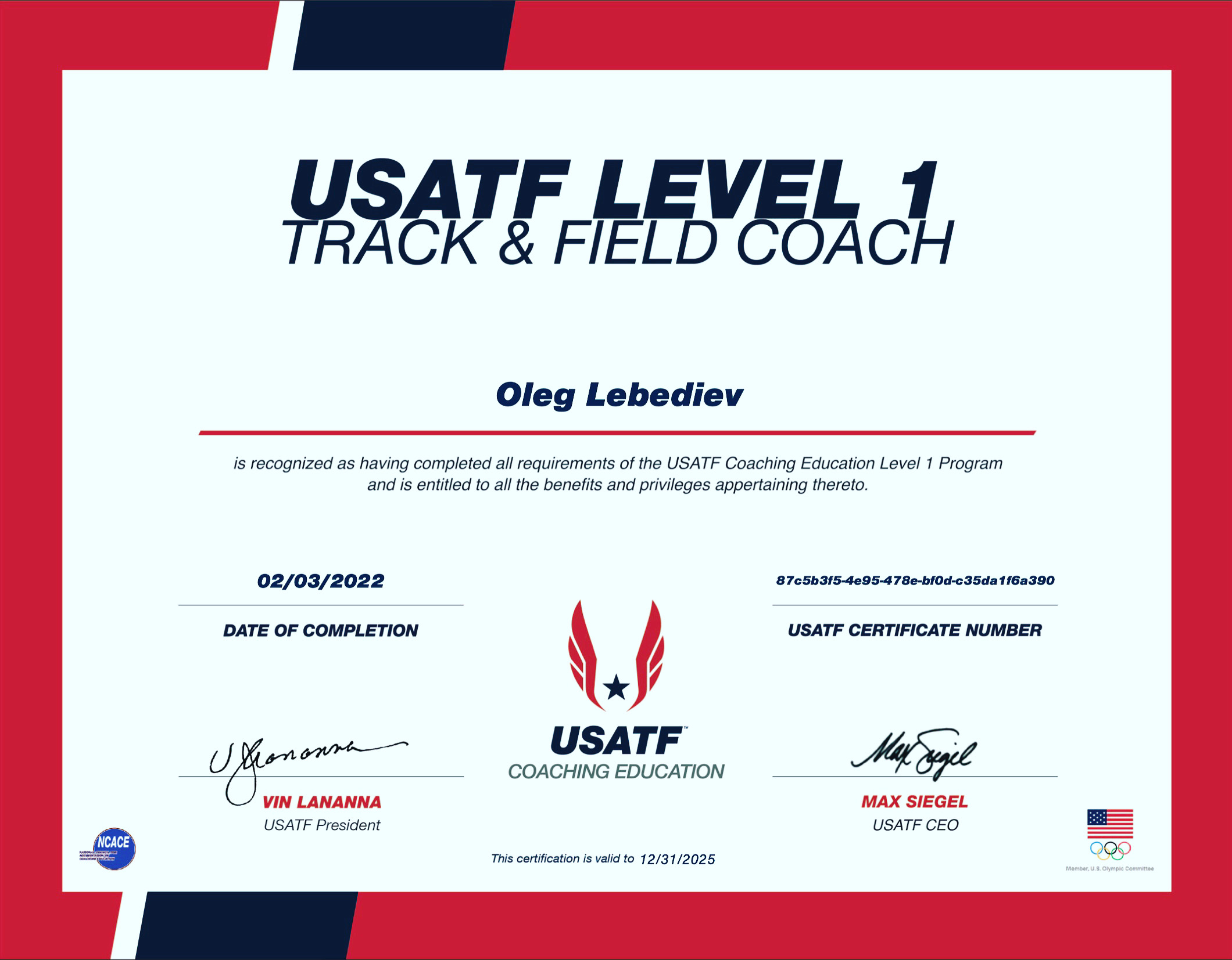 USATF Coach Certification Lebedev